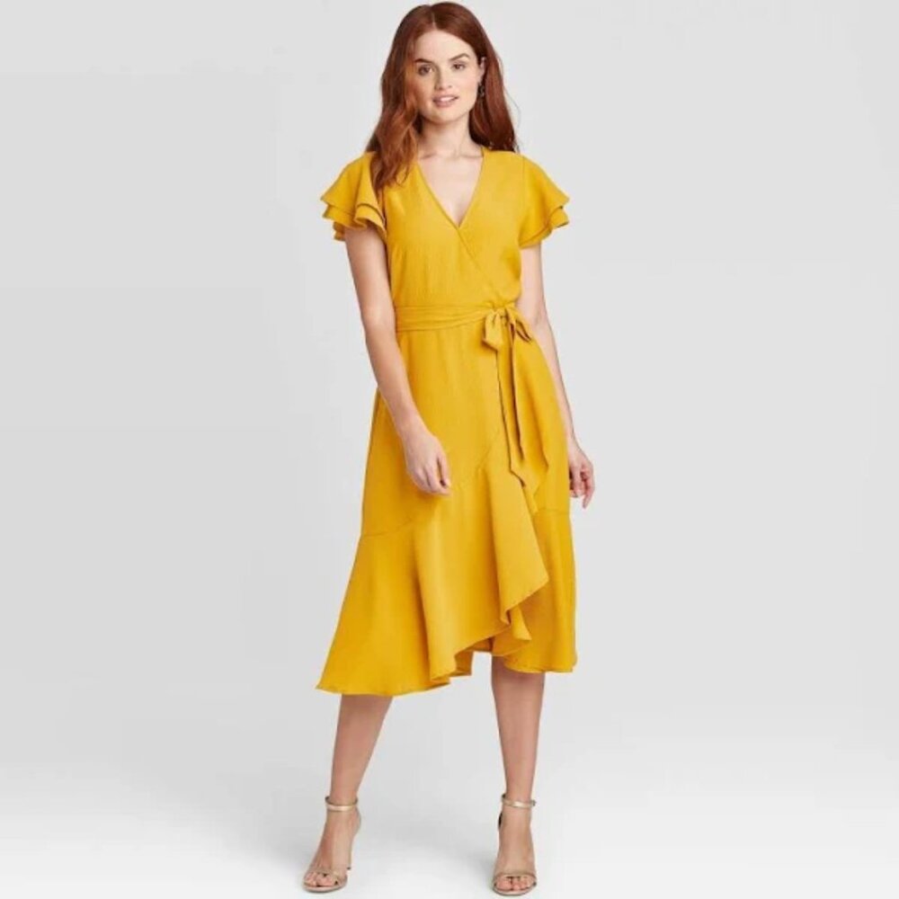A New Day Mustard Gold Yellow Midi Wrap Dress L/Large